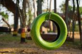 Color old car tire hanging on tree at playground